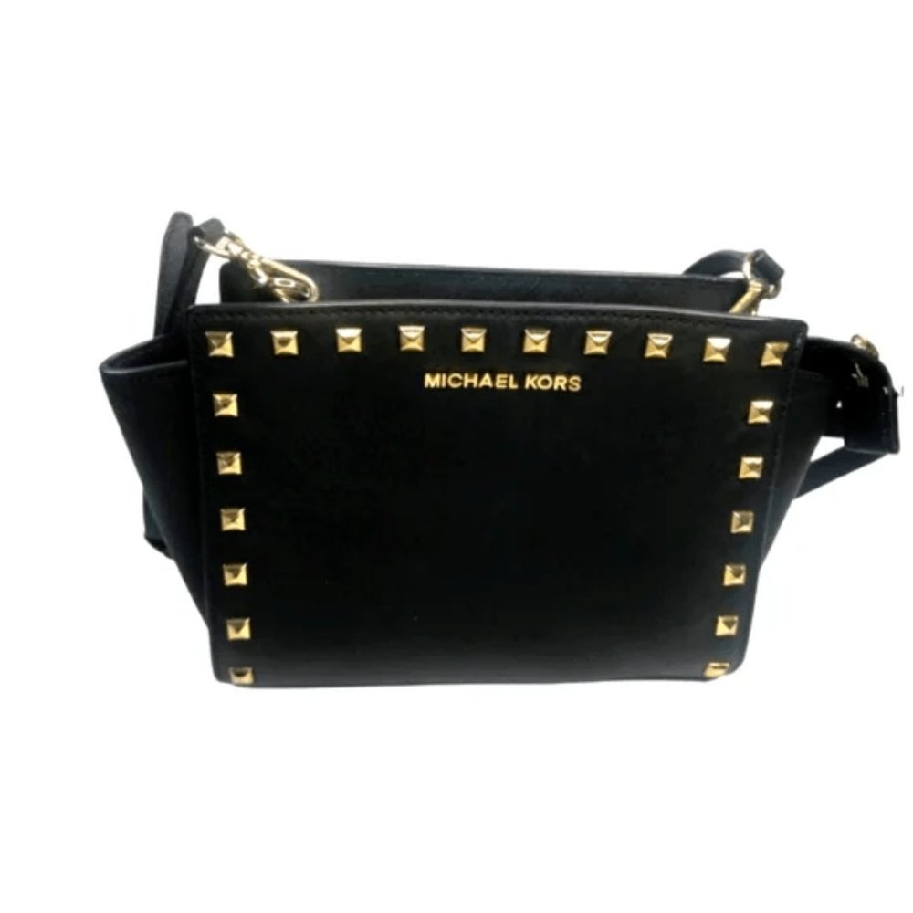 MICHAEL Michael Kors Selma Medium Studded Saffiano Leather Messenger Black